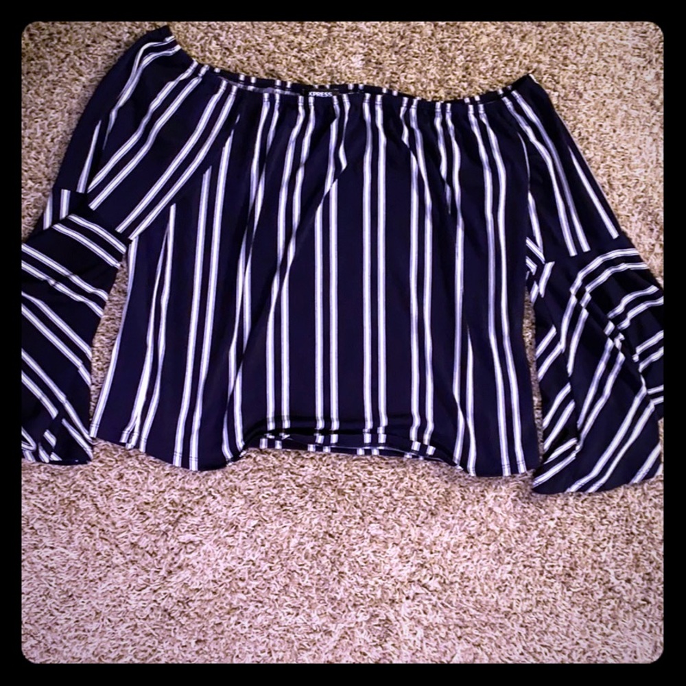 Navy blue and white striped off the shoulder top